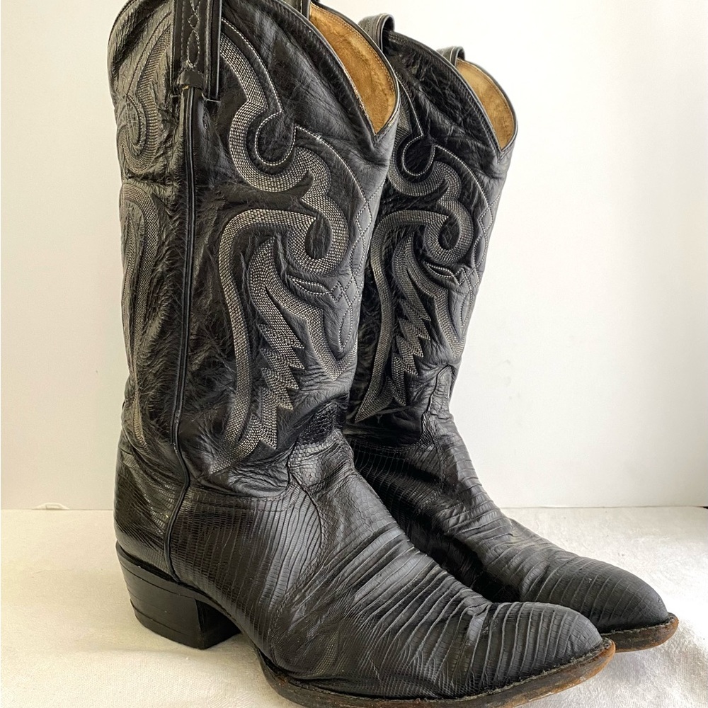 Vintage Tony Lama Black Leather and Reptile Cowboy Boots, Mens Size 9.5